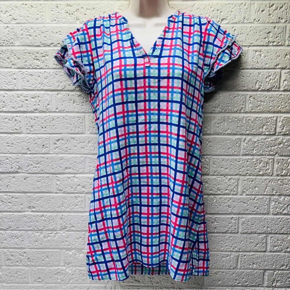 HIHO Tortola BVI Sz M Multicolor Plaid V-Neck Pom-Pom Sleeve Shift Dress •FLAWS‼